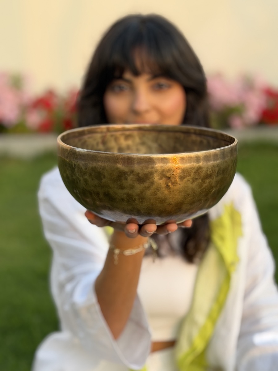 Singing bowl held up at golden hour